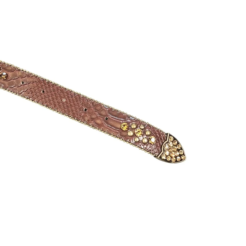 Western Brown Snakeskin Leather Rhinestone Horseshoe Belt Gold Studded CB1006